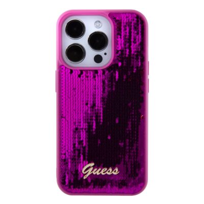 Magenta originalus deklas Guess Sequin Script Logo telefonui Apple iPhone 15 Pro Max su blizgiais sekiniais ir logotipu