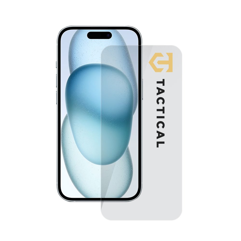 Skaidrus apsauginis stiklas Apple iPhone 15 Tactical Glass Shield 2.5D Skaidrus apsauginis stiklas telefonui Apple iPhone 15 Tactical Glass Shield 2.5D, matomas stiklas su uzrasu Tactical ir telefone
