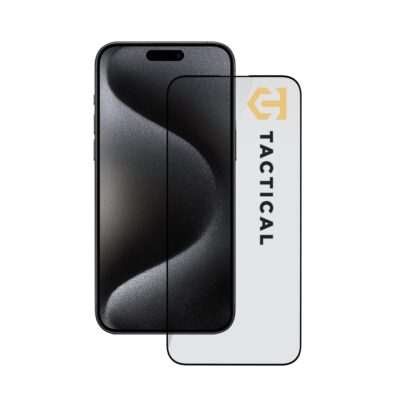 Juodas apsauginis ekrano stikliukas Apple iPhone 15 Pro Max Tactical Glass Shield 5D prie juodo telefono ekrano