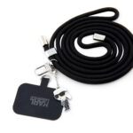 Juodas telefono dirželis Karl Lagerfeld Universal Crossbody Strap su sidabriniais elementais ir piniu