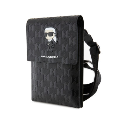 Juodas telefono krepšys Karl Lagerfeld Saffiano Monogram Wallet Phone Bag Ikonik NFT su monograma ir Karl Lagerfeld figūrėle