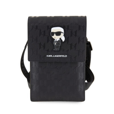 Juodas telefono krepšys Karl Lagerfeld Saffiano Monogram Wallet Phone Bag Ikonik NFT su šviesiomis ir tamsiomis detalėmis