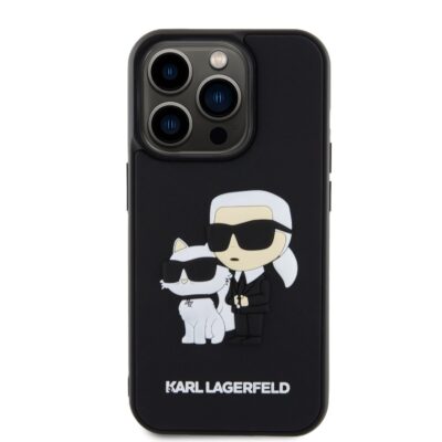 Juodas dėklas Karl Lagerfeld 3D Rubber su Karl ir Choupette iliustracija Apple iPhone 15 Pro telefonui
