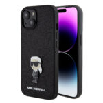 Juodas blizgantis originalus dėklas Karl Lagerfeld Fixed Glitter Metal Ikonik telefonui Apple iPhone 15 su ikoniniu Karl Lagerfeld simboliu