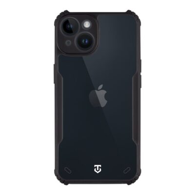 Skaidrus-juodas dėklas Tactical Quantum Stealth telefonui Apple Iphone 14, matomas iš nugarėlės su juoda apdaila