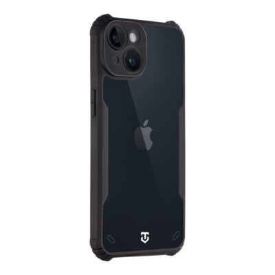Skaidrus-juodas dėklas Tactical Quantum Stealth telefonui Apple Iphone 14 su matomu Apple logotipu ir juoda apsauga
