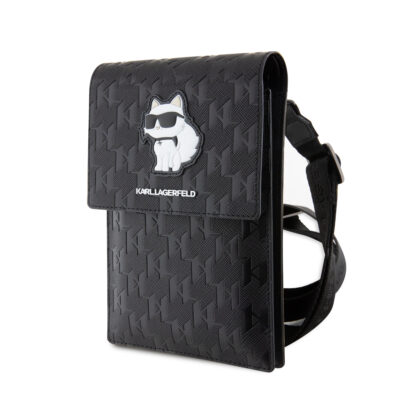 Juodas telefono krepšys Karl Lagerfeld Saffiano Monogram Wallet Phone Bag su katės paveikslėliu