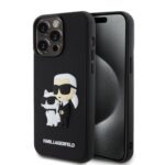 Juodas originalus dėklas Karl Lagerfeld 3D Rubber Karl and Choupette telefonui Apple iPhone 15 Pro Max su 3D figūrėlėmis.