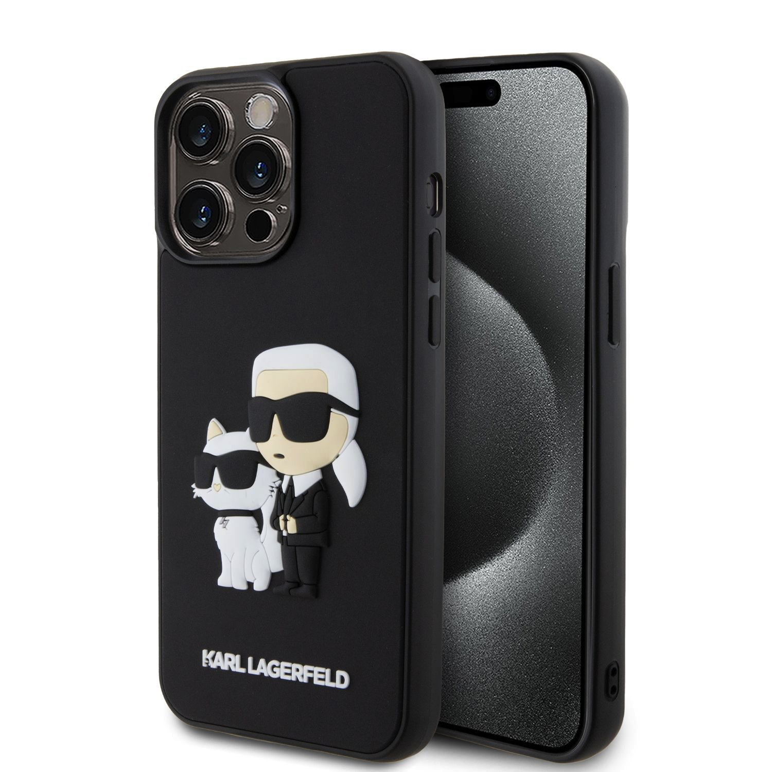 Juodas originalus dėklas Karl Lagerfeld 3D Rubber Karl and Choupette telefono dėklas Juodas originalus dėklas Karl Lagerfeld 3D Rubber Karl and Choupette telefonui Apple iPhone 15 Pro Max su 3D figūrėlėmis.