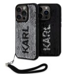 Juodas-sidabrinis originalus dėklas Karl Lagerfeld Sequins Reversible telefonui Apple iPhone 15 Pro su blizgančiais aplikacijomis