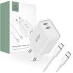 Baltas buitinis pakrovėjas TECH-PROTECT C35W 2-port su dviem USB-C jungtimis ir Type-C kabelis