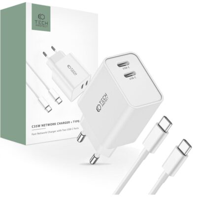 Baltas buitinis pakrovėjas TECH-PROTECT C35W 2-port su dviem USB-C jungtimis ir Type-C kabelis