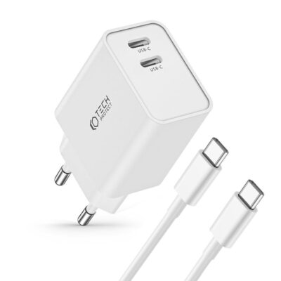 Baltas buitinis pakrovėjas TECH-PROTECT C35W su dviem USB-C jungtimis ir Type-C kabeliu