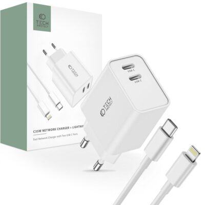 Baltas buitinis pakrovėjas Tech Protect C35W su dviem USB-C prievadais ir lightning kabeliu