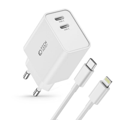 Baltas buitinis pakrovėjas Tech Protect C35W su dviem USB-C jungtimis ir lightining kabelis