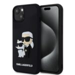 Juodas originalus dėklas Karl Lagerfeld 3D Rubber Karl and Choupette telefonui Apple iPhone 13 su Karl Lagerfeld ir katės Choupette vaizdu