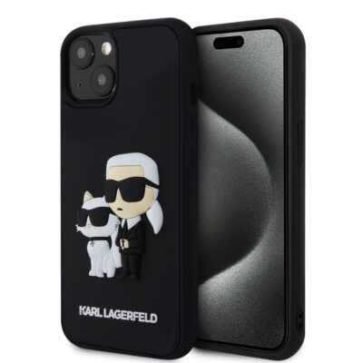 Juodas originalus dėklas Karl Lagerfeld 3D Rubber Karl and Choupette telefonui Apple iPhone 13 su Karl Lagerfeld ir katės Choupette vaizdu