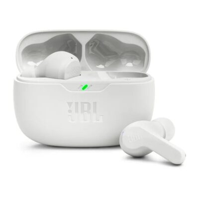 Baltos belaidės ausinės JBL Wave Beam TWS su įkrovimo dėklu