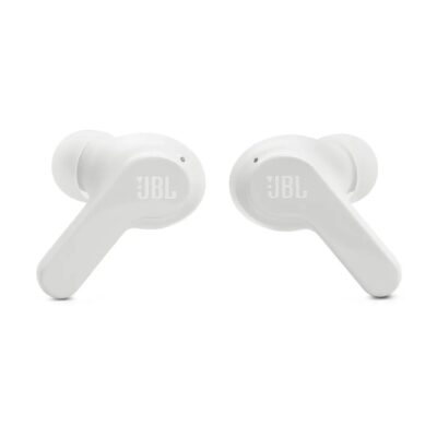 Baltos belaidės ausinės JBL Wave Beam TWS su minimalistiniu dizainu ir matinio paviršiaus apdaila
