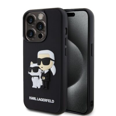 Juodas originalus dėklas Karl Lagerfeld 3D guminis su Karl ir Choupette figūrėlėmis Apple iPhone 13 Pro telefonui