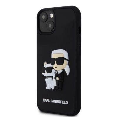Juodas originalus dėklas Karl Lagerfeld 3D Rubber Karl and Choupette telefonui Apple iPhone 14 su lipduku