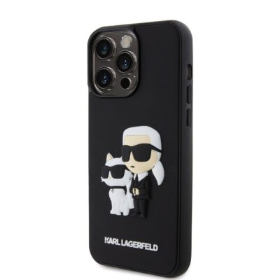 Juodas originalus dėklas Karl Lagerfeld 3D Rubber Karl and Choupette telefonui Apple iPhone 14 Pro Max su tamsiai juodu paviršiumi ir 3D figūrėlėmis