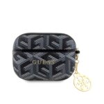 Juodas originalus dėklas Guess PU G Cube Charm AirPods Pro su geometriniu raštu ir auksiniu pakabuku