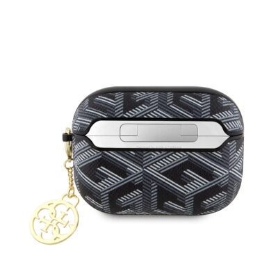 Juodas originalus dėklas Guess PU G Cube Charm AirPods Pro su linijiniu raštu ir auksiniu pakabuku