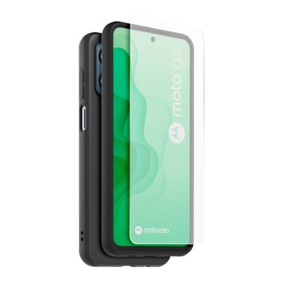 Juodas dėklas Motorola G53 5G telefonui su skaidriu apsauginiu stiklu