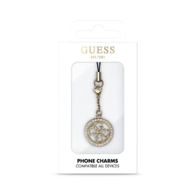Metalinis pakabukas Guess Charm 4G Strass Metal Logo su juodu laikikliu ir blizgiais krištolais