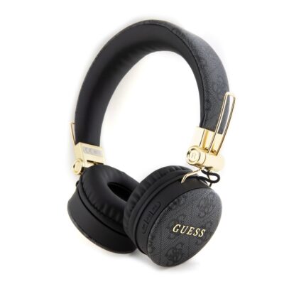 Juodos belaidės ausinės Guess PU 4G Metal Logo Bluetooth Stereo Headphone su auksinėmis detalėmis