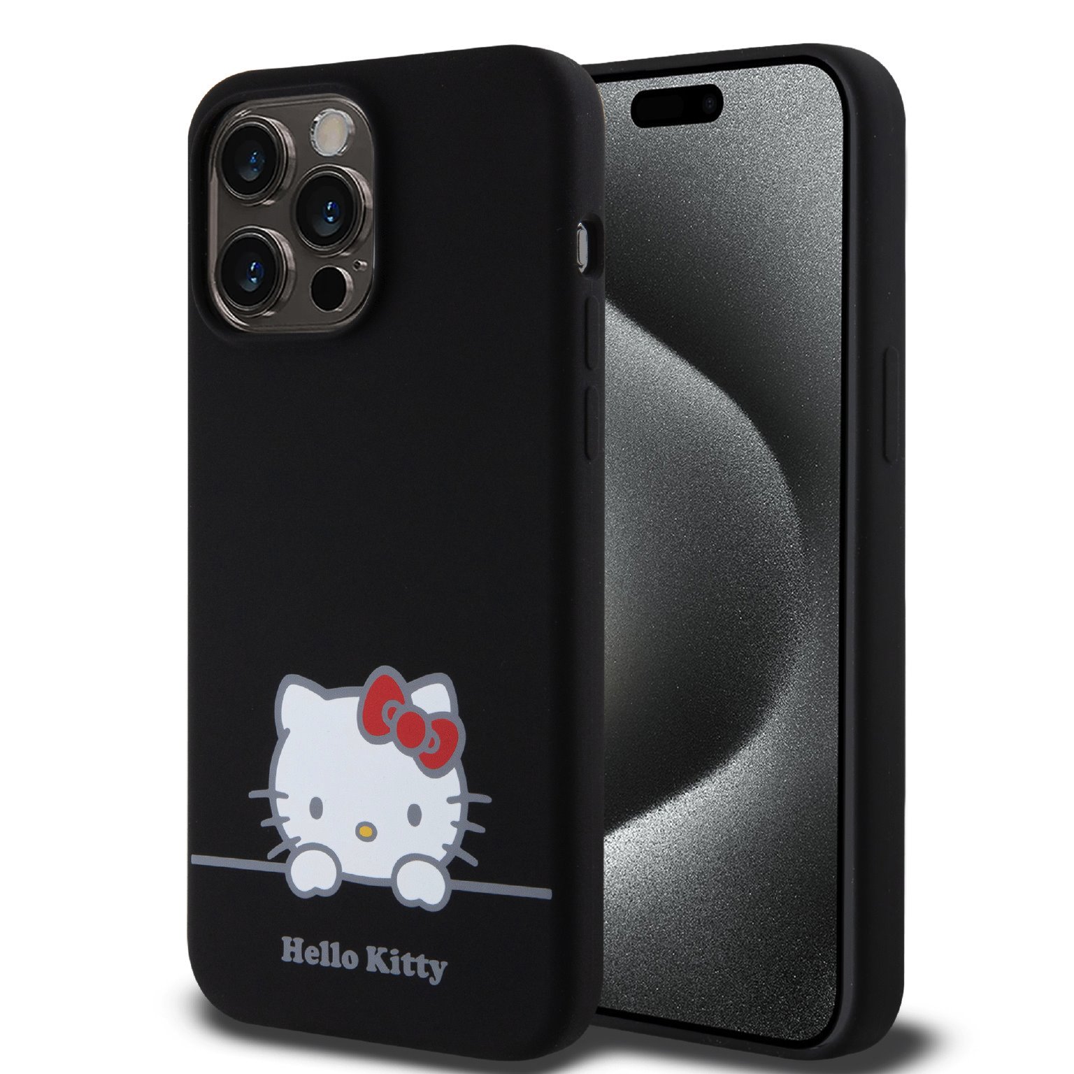 Juodas dėklas Hello Kitty Liquid Silicone Daydreaming Logo iPhone 15 Pro Max Juodas dėklas telefonui Apple iPhone 15 Pro Max su Hello Kitty Liquid Silicone Daydreaming Logo