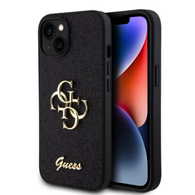 Juodas originalus dėklas Guess PU Fixed Glitter 4G Metal Logo telefonui Apple iPhone 13 su auksiniu logotipu