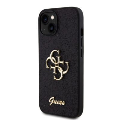 Juodas originalus dėklas Guess PU Fixed Glitter 4G Metal Logo telefonui Apple iPhone 13 su auksiniu logotipu
