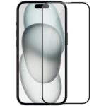 Juodas apsauginis grūdintas stiklas Nillkin Tempered Glass 2.5D CP+ PRO telefonui Apple Iphone 15 su juodu rėmeliu