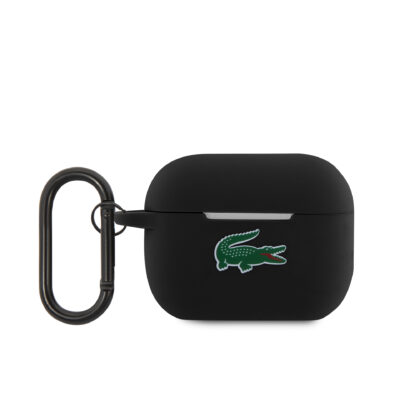 Juodas dėklas AirPods Pro su Lacoste žaliai raudonu krokodilo logotipu ir juodu karabinu