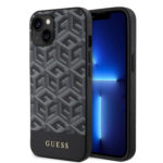 Juodas originalus dėklas Guess PU G Cube MagSafe telefonui Apple iPhone 15 su geometriniu raštu