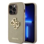 Auksinis originalus dėklas Guess PU Perforated 4G Glitter Metal Logo Apple iPhone 15 Pro su perforuota dizaino ir metaliniu logotipu