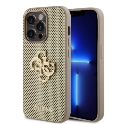 Auksinis originalus dėklas Guess PU Perforated 4G Glitter Metal Logo Apple iPhone 15 Pro su perforuota dizaino ir metaliniu logotipu
