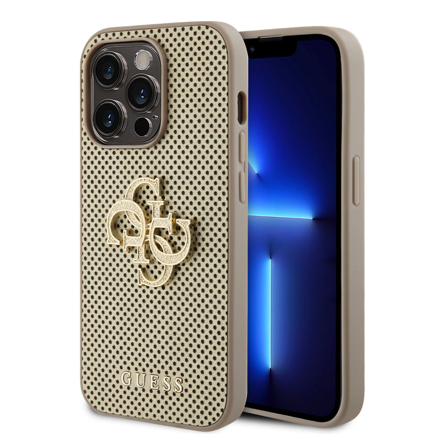Auksinis originalus dėklas Guess PU Perforated 4G Glitter Metal Logo Apple iPhone 15 Pro Auksinis originalus dėklas Guess PU Perforated 4G Glitter Metal Logo Apple iPhone 15 Pro su perforuota dizaino ir metaliniu logotipu