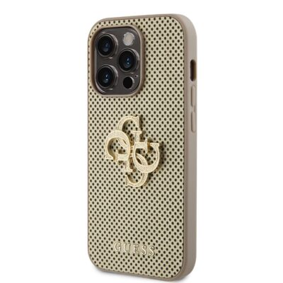 Auksinis originalus deklas Guess PU Perforated 4G Glitter Metal Logo Apple iPhone 15 Pro su perforuotu pavirsiu