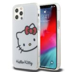 Baltas dėklas Hello Kitty IML Head Logo telefonui Apple iPhone 12 su raudonu kaspinu ir juodu atspaudu