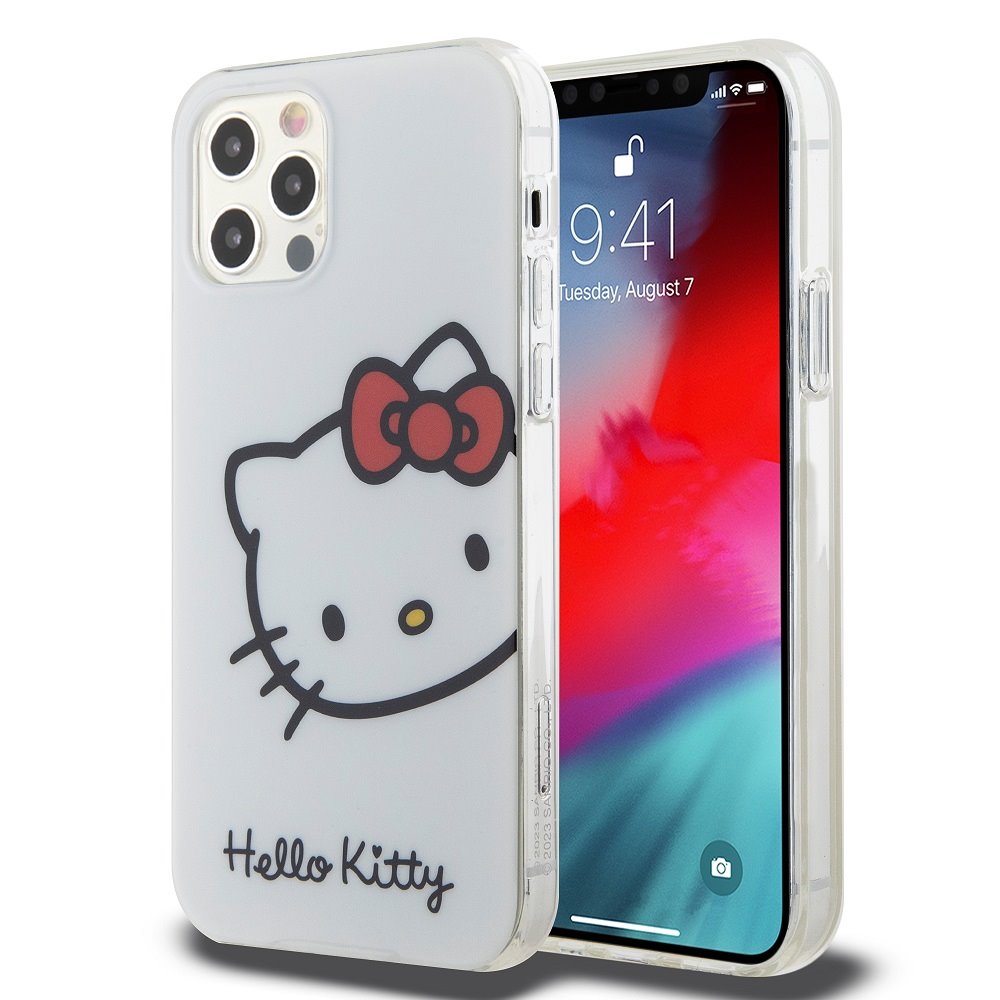 Baltas dėklas Hello Kitty IML Head Logo telefonui Apple iPhone 12 12 Pro Baltas dėklas Hello Kitty IML Head Logo telefonui Apple iPhone 12 su raudonu kaspinu ir juodu atspaudu