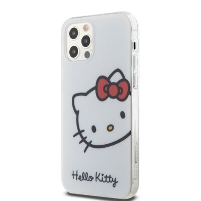 Baltas dėklas Hello Kitty IML Head Logo telefonui Apple iPhone 12 12 Pro su raudonu kaspinu