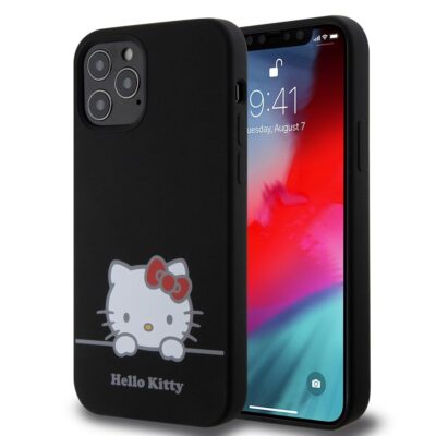 Juodas dėklas Hello Kitty Liquid Silicone Daydreaming Logo telefonui Apple iPhone 12 arba 12 Pro su baltu ir raudonu Hello Kitty paveikslėliu