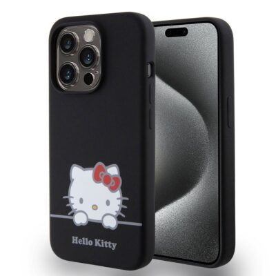 Juodas dėklas Hello Kitty Liquid Silicone Daydreaming Logo telefonui Apple iPhone 15 Pro su raudona spauda