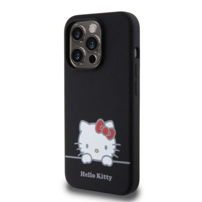 Juodas dėklas Hello Kitty Liquid Silicone Daydreaming Logo telefonui Apple iPhone 15 Pro su baltos spalvos Hello Kitty piešiniu ir raudona kaspino detale