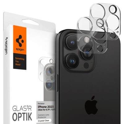 Skaidrus apsauginis stiklas galiniai kamerai Apple Iphone 14 Pro ir 15 Pro modeliams Spigen Optik 2 pak