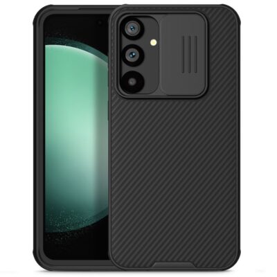 Juodas dėklas Samsung Galaxy S23 FE su kameros dangteliu ir matinėmis juodomis juostelėmis