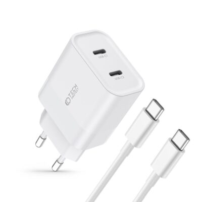Baltas buitinis TECH-PROTECT C20W pakrovėjas su dviem USB-C lizdais ir Type-C laidu